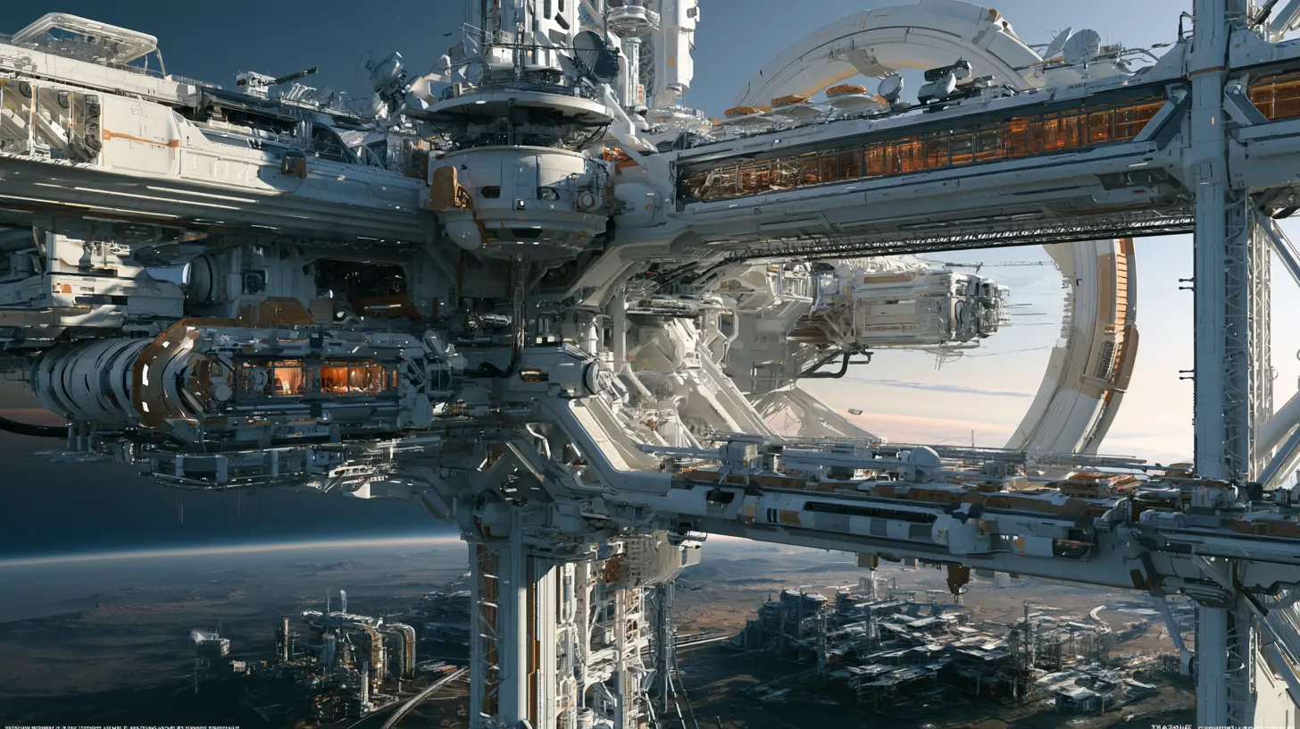 A vast off-white orbital station of cylindrical modules, lattice trusses, catwalks and gantry cranes, trimmed with strips of glowing amber glazing. Below it the curved limb of a brown planet shows a thin blue haze above an industrial complex.