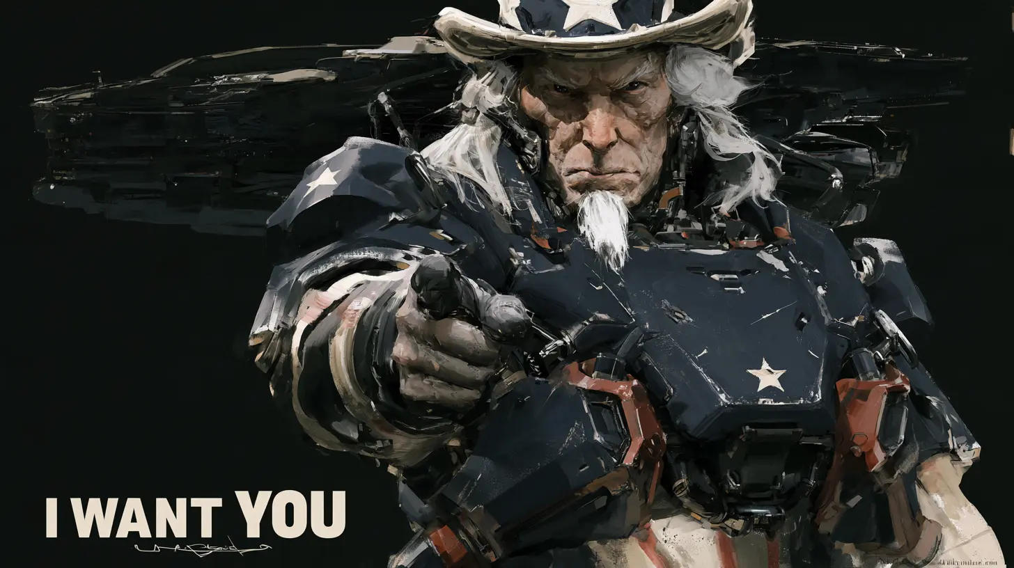 An armoured mechanical figure in navy, cream and rust-red plating, one arm raised in a clenched fist against a black background. Cream lettering beside it reads I WANT YOU, with a white star and red and white stripes on the armour.