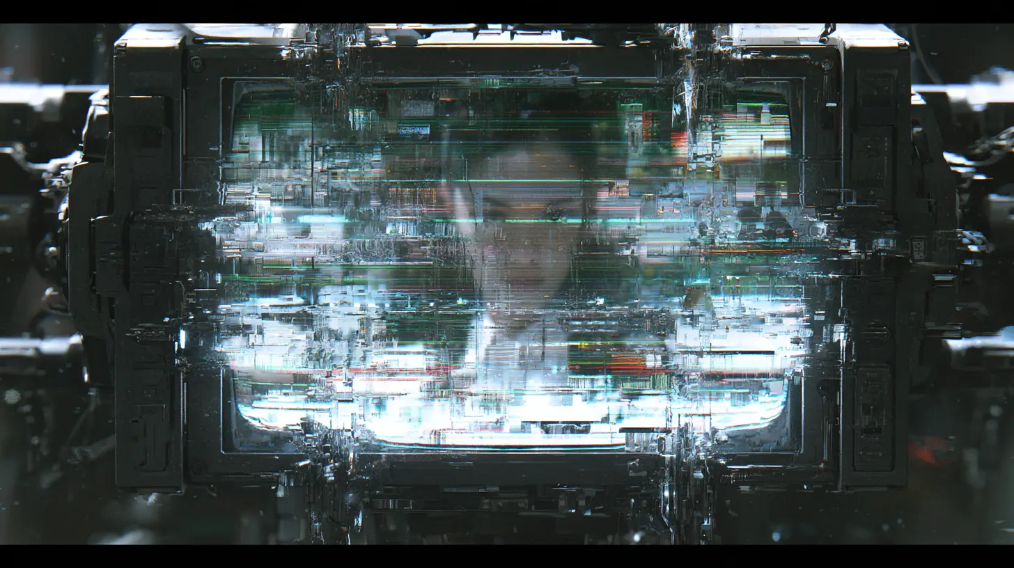 A heavy field monitor in a dark housing, its screen a wash of cyan and white digital glitch with a faint pale figure inside it, water beading along the lower edge.